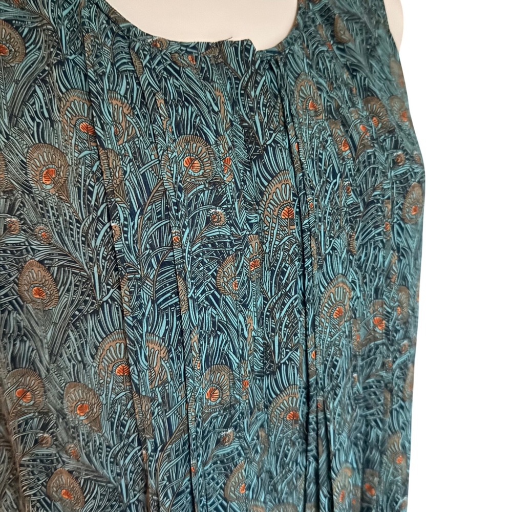 DR2 Womens Peacock Feather Print Sleeveless Pleated Shift Dress Teal‎ Blue L - Picture 9 of 9